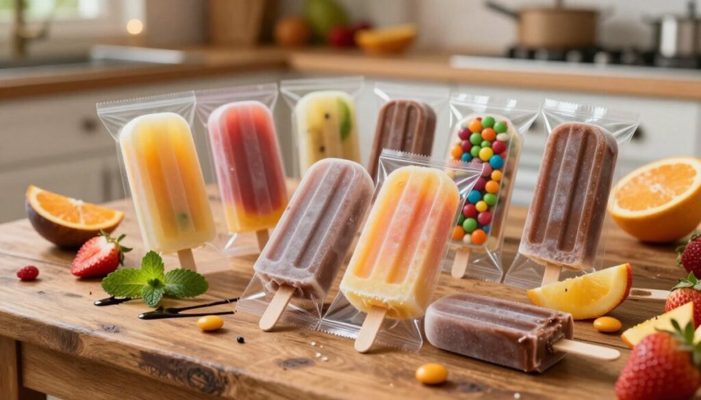 A close-up view of a colorful assortment of Geladinho Gourmet, showcasing a variety of flavors in elegant transparent packaging. The foreground features several geladinho popsicles with vibrant colors like tropical fruits, chocolate, and vibrant candies. In the middle ground, a rustic wooden table is adorned with fresh fruit, drizzles of chocolate syrup, and mint leaves, creating an inviting, appetizing scene. The background includes a softly blurred kitchen setting with warm lighting that enhances the homemade feel, evoking a cozy atmosphere. The image should capture the freshness and allure of these gourmet popsicles, inviting the viewer to indulge. Use a shallow depth of field to focus on the geladinho popsicles while maintaining a warm, inviting mood.
