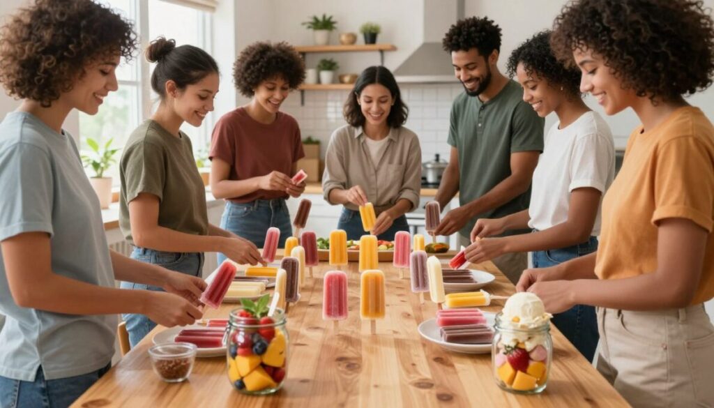 A colorful display of gourmet geladinho popsicles arranged on a bright wooden table, showcasing various flavors like strawberry, mango, and chocolate. In the foreground, a jar filled with fresh fruit and a scoop of ice cream highlights the ingredients. In the middle, a group of people of diverse backgrounds, dressed in modest casual clothing, are joyfully collaborating on preparing these treats, exuding a sense of community and entrepreneurship. The background features a cozy home kitchen environment with natural light filtering through a window, enhancing the inviting atmosphere. The mood is vibrant and uplifting, reflecting the excitement and potential of starting a successful geladinho business.