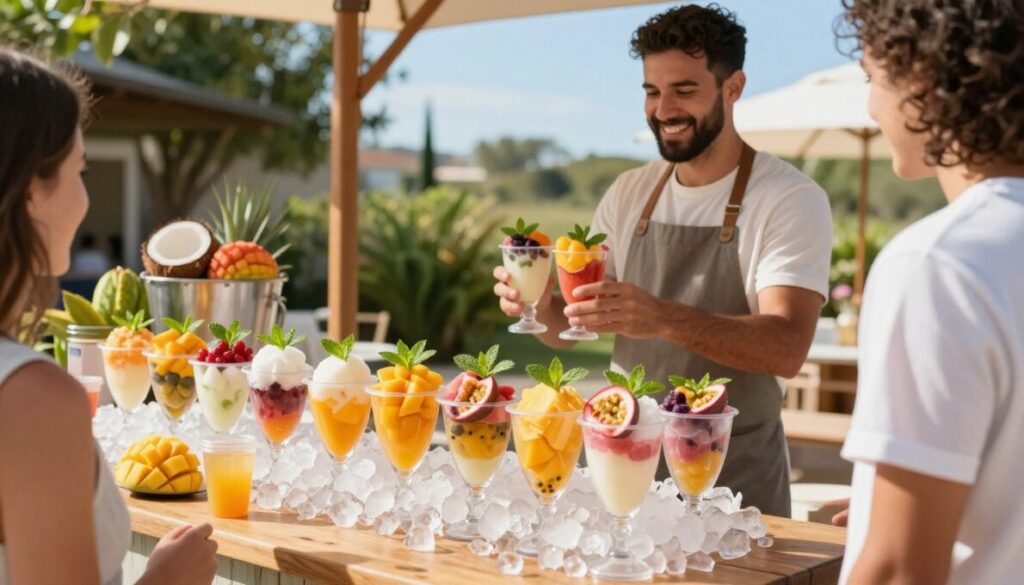 A vibrant and inviting display of gourmet geladinhos meticulously arranged on a wooden table. The foreground features colorful, homemade geladinhos in clear molds, showcasing refreshing fruit flavors like mango, coconut, and passion fruit. Each geladinho is garnished with mint leaves and presented in an ice bucket filled with crushed ice. In the middle ground, a casual, cheerful entrepreneur in a neat, modest outfit is preparing to serve the geladinhos, smiling and interacting with potential customers. The background captures a sunny outdoor setting with lush greenery and a clear blue sky that evokes a warm summer day. The scene is illuminated by soft, natural light, creating a joyful and enticing atmosphere, perfect for showcasing a thriving gourmet geladinho business.