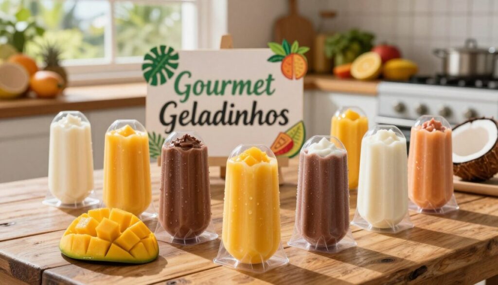 A vibrant, enticing display of artisanal geladinhos gourmet arranged on a rustic wooden table. In the foreground, several colorful geladinhos in various flavors, such as bright mango, rich chocolate, and creamy coconut, encapsulated in clear, eco-friendly packaging. Each geladinho is glistening with condensation, emphasizing their chill and freshness. The middle ground features a handmade sign showcasing "Gourmet Geladinhos," with decorative elements like tropical leaves and fruit accents. In the background, a sunlit window reveals a warm, inviting kitchen environment with fresh ingredients like fruits and herbs neatly arranged. The overall mood is lively and cheerful, reflecting the joy of summer treats, with soft natural lighting casting gentle shadows. The image is captured with a shallow depth of field to focus on the geladinhos, creating an appealing and mouth-watering atmosphere.