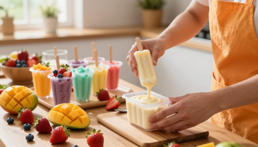 A vibrant kitchen scene dedicated to the preparation of gourmet geladinho, featuring a wooden countertop adorned with colorful, fresh fruits like strawberries, mangoes, and blueberries. In the foreground, a person wearing a bright apron is carefully pouring a creamy mixture into transparent geladinho molds, their hands steady and focused. The middle ground showcases an assortment of enticing geladinho flavors displayed in a rainbow of colors, with some popsicle sticks ready to be inserted. In the background, soft, natural light filters through a window, casting a warm glow that enhances the cheerful atmosphere. The overall mood is inviting and creative, reflecting a fun cooking experience. The angle captures the activity from a slightly elevated view, showcasing both the preparation and the delightful geladinho assortment.