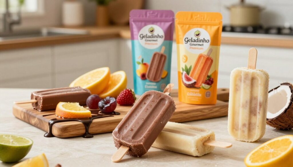 A vibrant, mouth-watering display of Geladinho Gourmet Premium in elegant, colorful packaging. In the foreground, showcase an assortment of geladinhos in various flavors such as chocolate, fruit, and coconut, glistening with a light sheen of moisture to emphasize freshness. The middle layer features a wooden serving board adorned with fresh fruits and a drizzle of rich chocolate sauce, creating an inviting setting. In the background, a soft-focus kitchen with warm, natural lighting enhances the homemade charm and gourmet appeal. The overall atmosphere conveys indulgence and creativity, inviting viewers to explore the unique aspects that set Geladinho Gourmet apart from traditional options.
