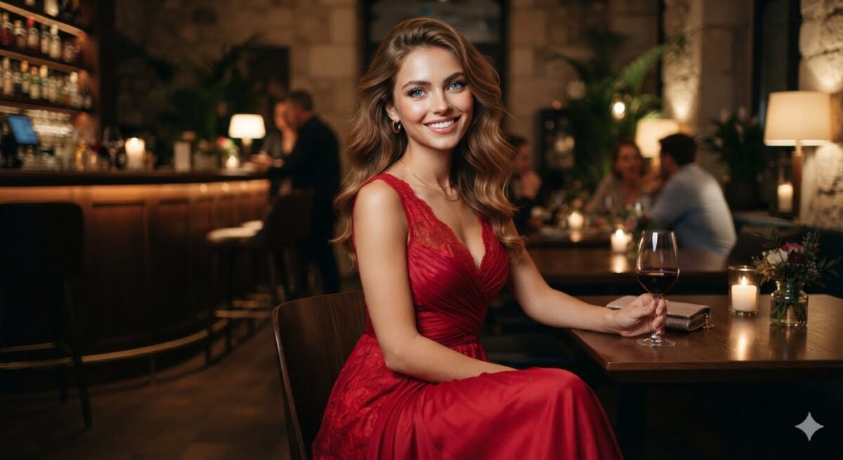 mulher com vestido vermelho
